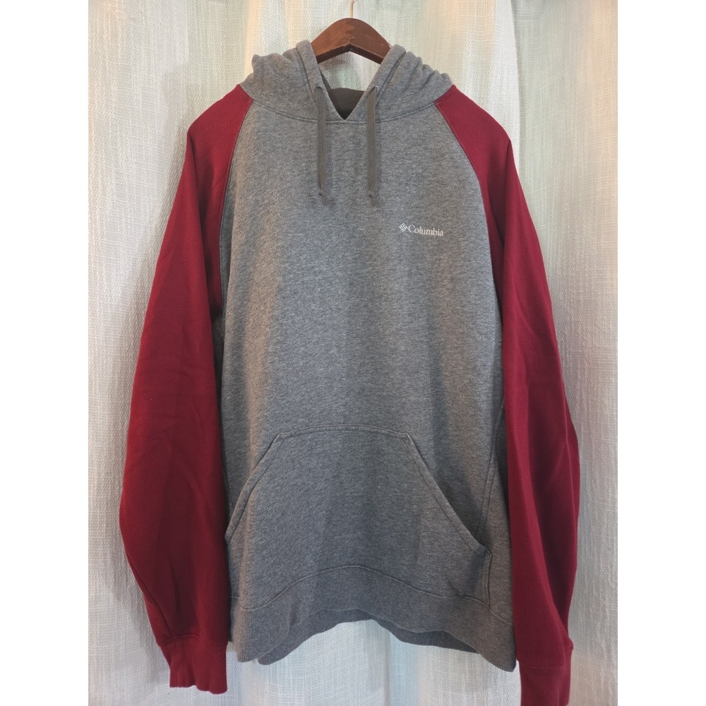 Columbia Fleece Hoodie Mens Size XL Grey Burgundy Sweatshirt
